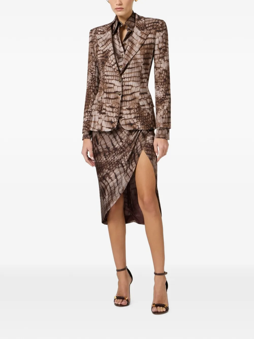 Elisabetta Franchi Crocodile-effect Cropped Blazer In Brown