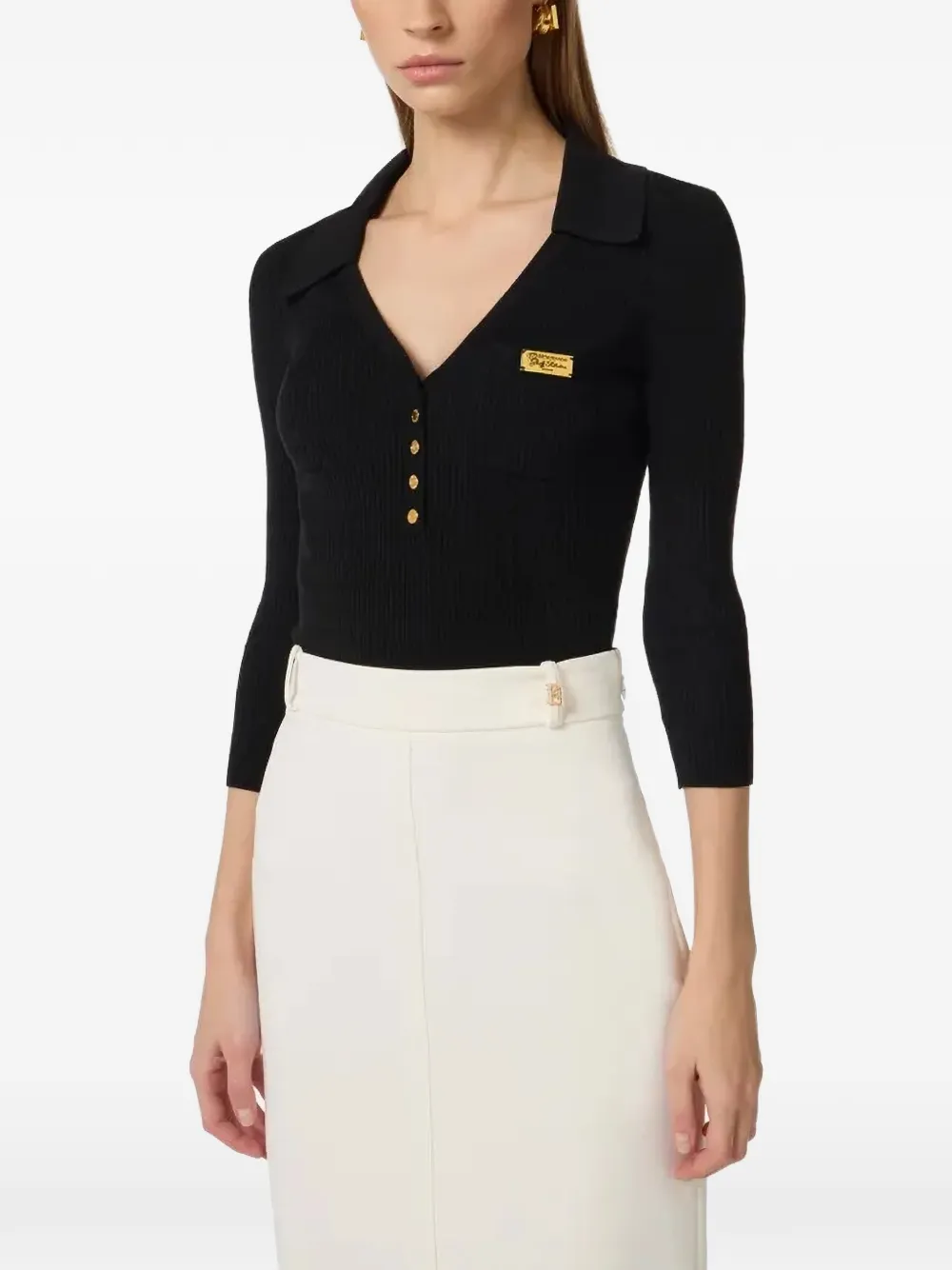 Elisabetta Franchi micro‑braided ribbed‑knit polo top - Nero