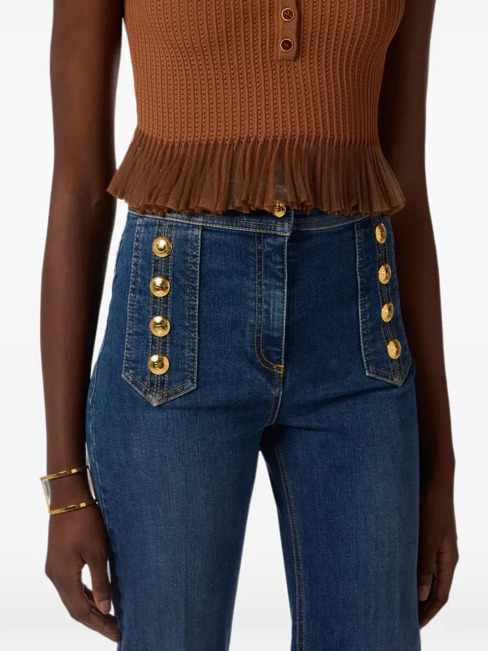 Elisabetta Franchi Palazzo goudkleurige denim broek met knopen Blauw