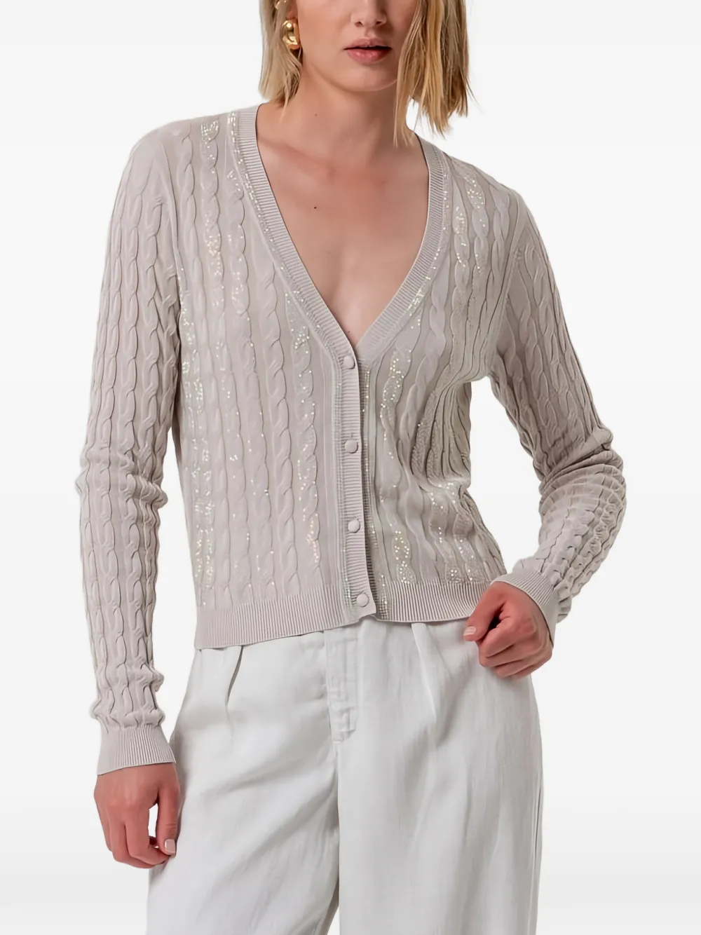 FRACOMINA sequin-embellished cable-knit cardigan - Neutrals