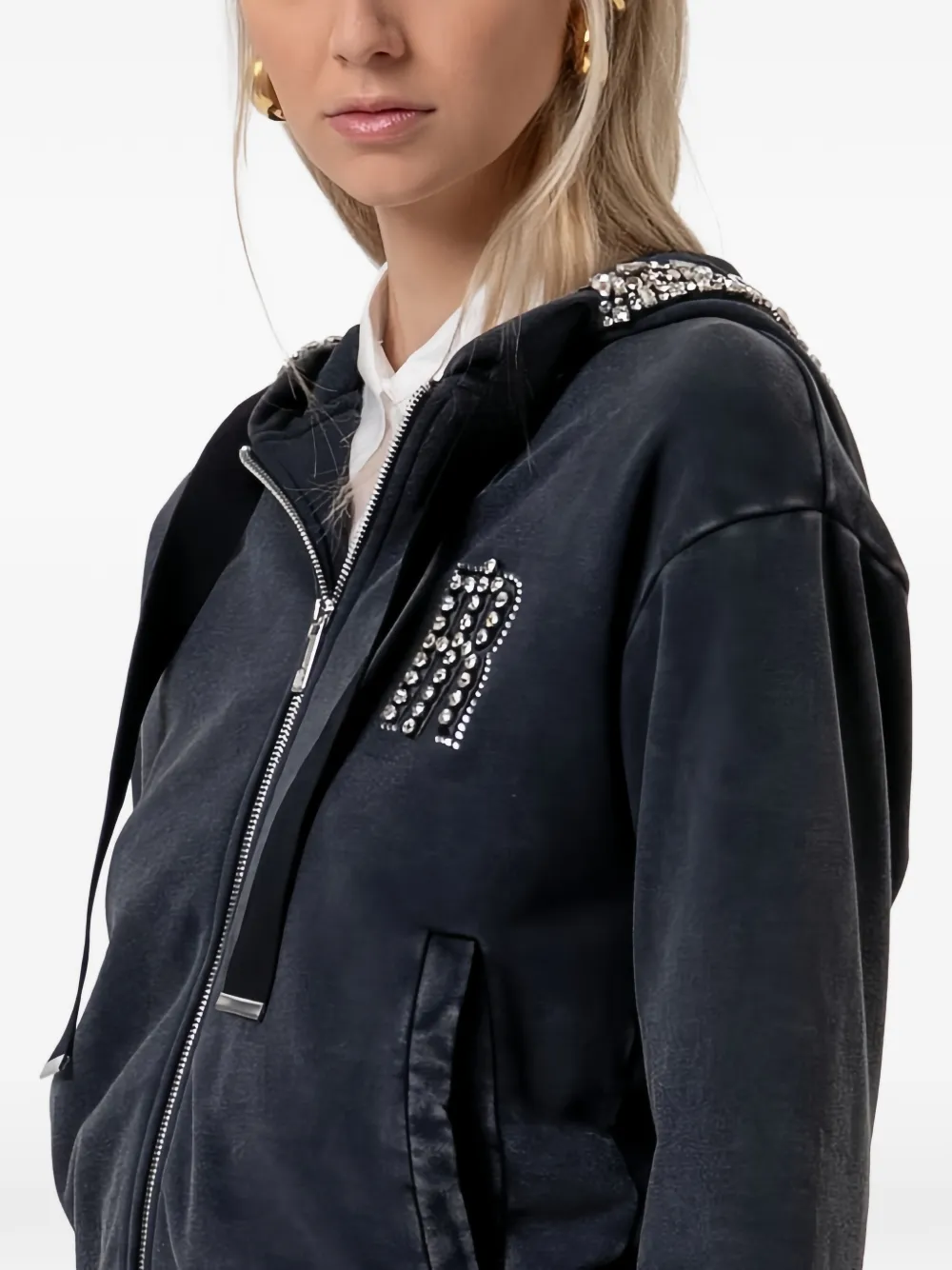 FRACOMINA Hoodie verfraaid met kristallen en rits Zwart