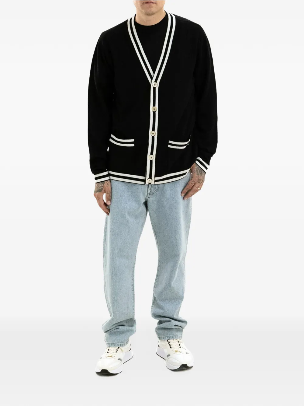 Valentino Garavani striped-trim wool cardigan Zwart