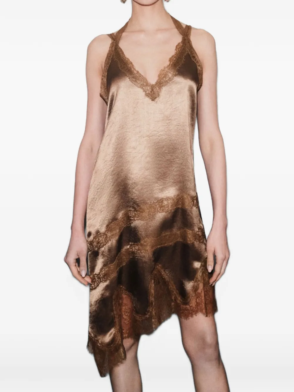 Marella Asymmetrische jurk met satijnen afwerking en kanten afwerking Bruin