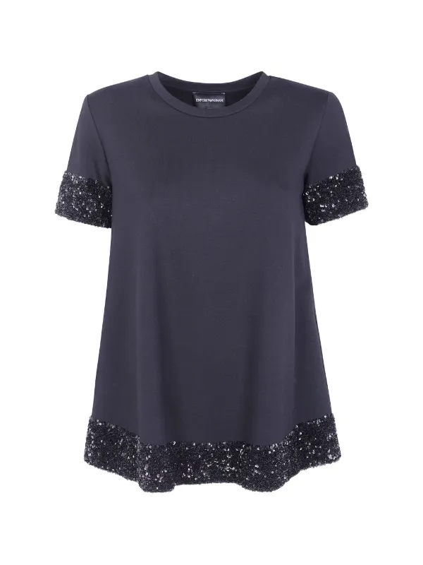 Emporio Armani Short-sleeved Viscose Jumper with Sequined Cuffs and Hem in Black