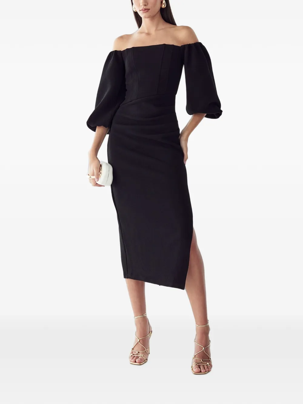 BWLDR off-shoulder puff-sleeve midi dress - Schwarz