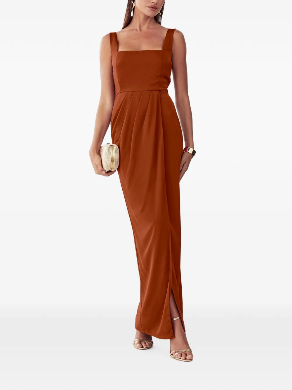 Willa Akron Pleated Sleeveless Maxi Dress In Brown