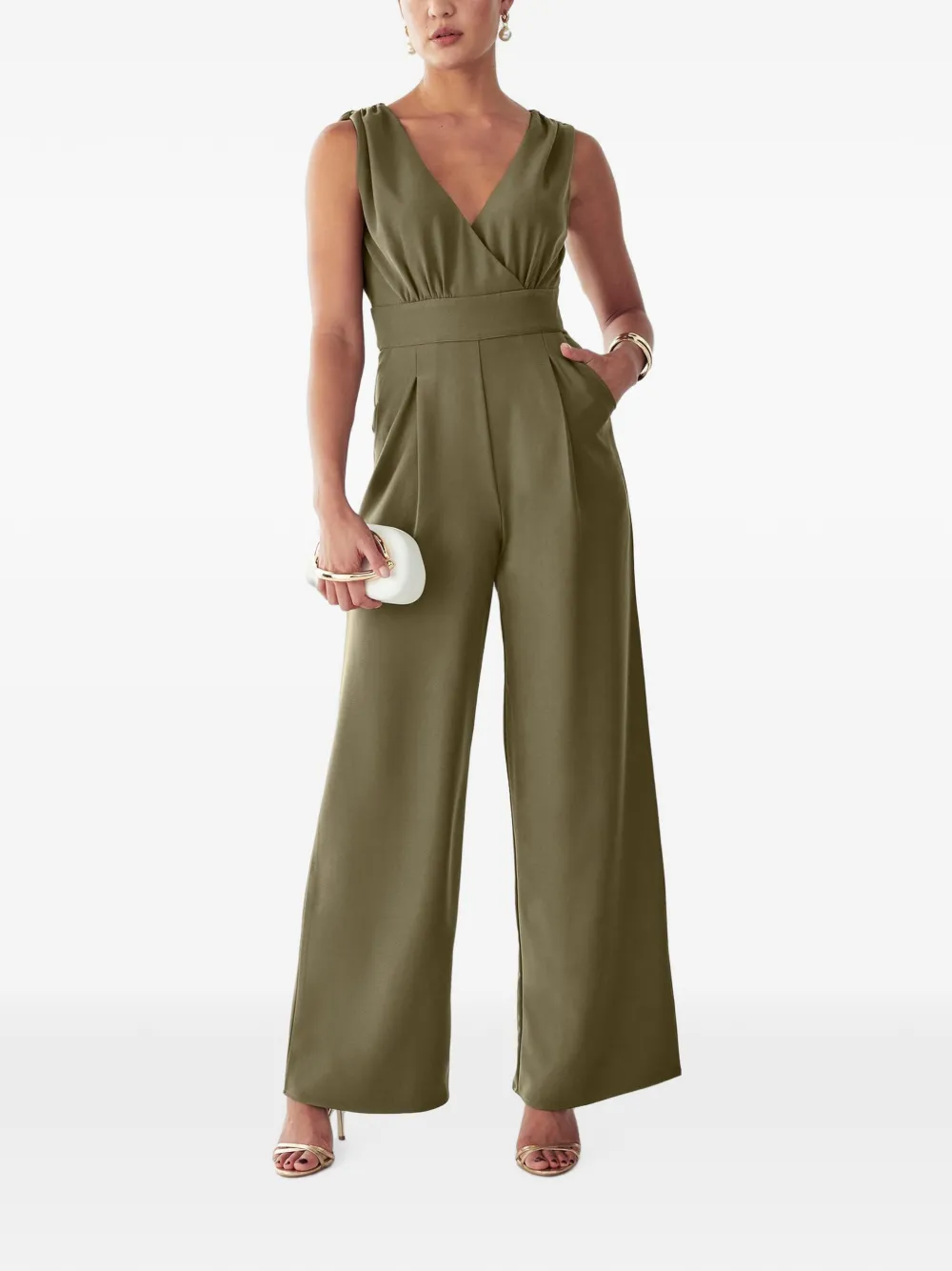 BWLDR pleated-detail V-neck jumpsuit - Verde