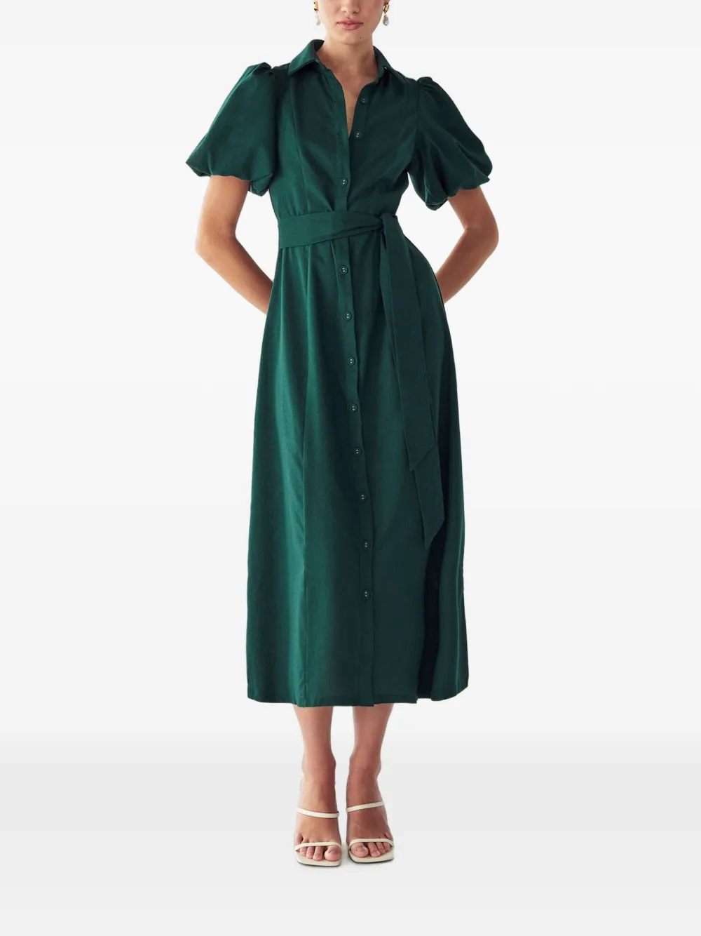 WILLA belted puff-sleeve midi dress - Verde