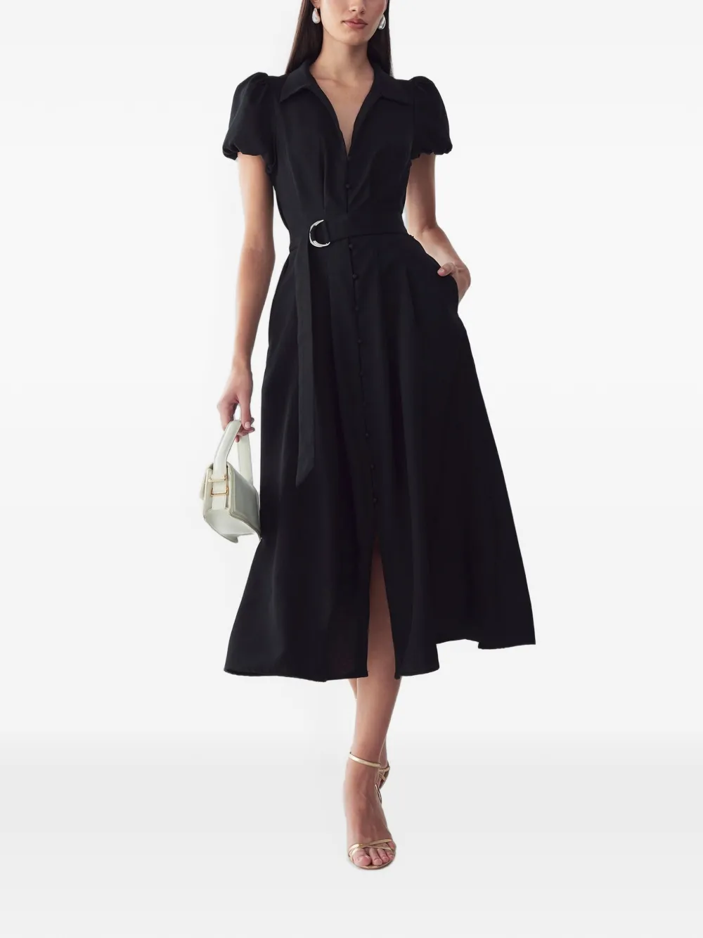 WILLA belted puff-sleeve midi dress - Nero