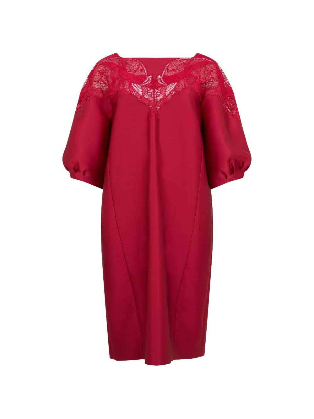 Alberta Ferretti lace-trim puff-sleeve midi dress - Red