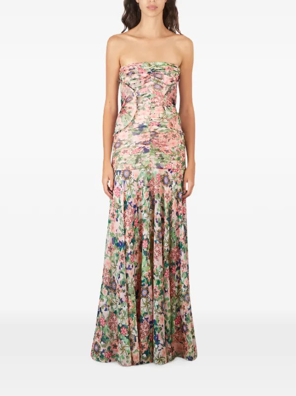 Saloni Kristie Floral-print Strapless Maxi Dress in Pink