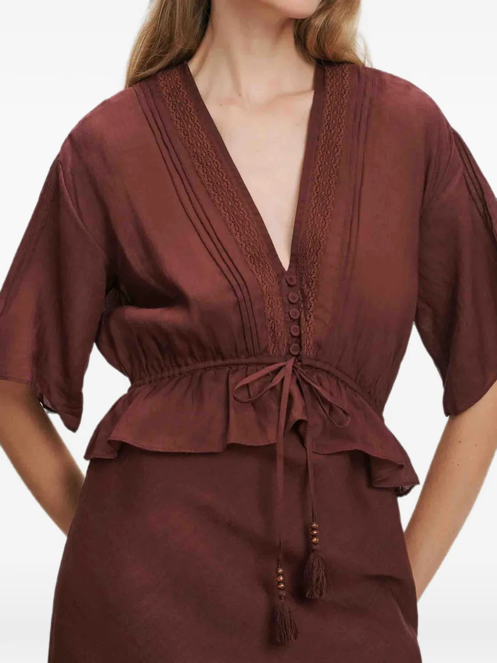 Veronica Beard Dominick Ruffled Lace-trim Midi Dress in Red, view 4