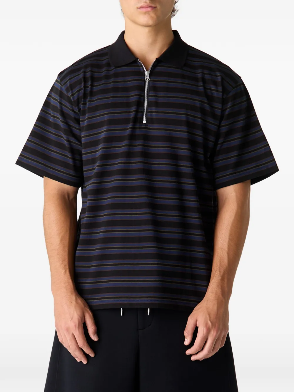 sacai striped zip-neck polo shirt - Schwarz