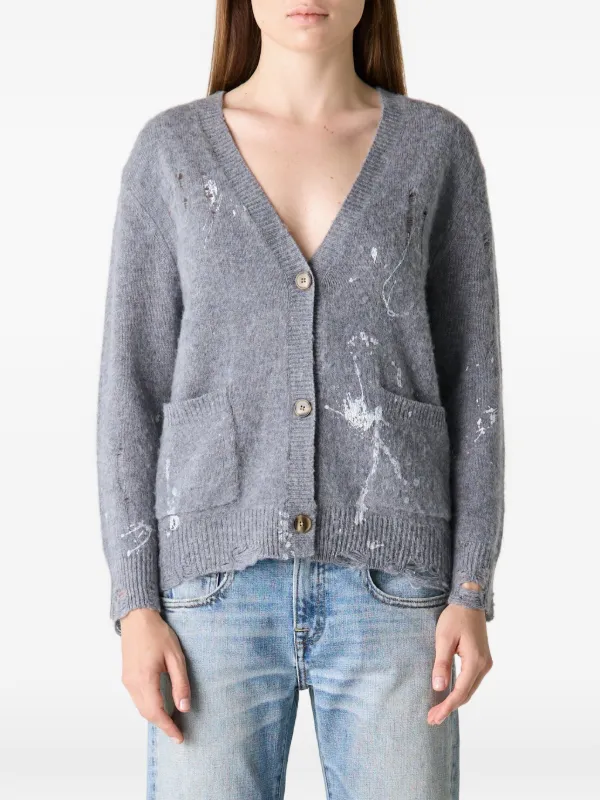 R13 Boy Paint-splatter Distressed Cardigan in Grey