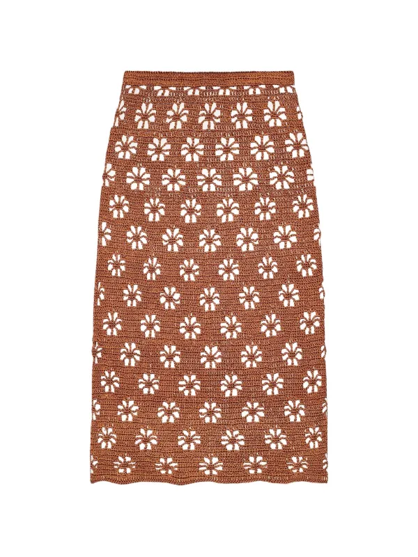 Calle Del Mar Floral-crochet Straight Midi Skirt in Brown