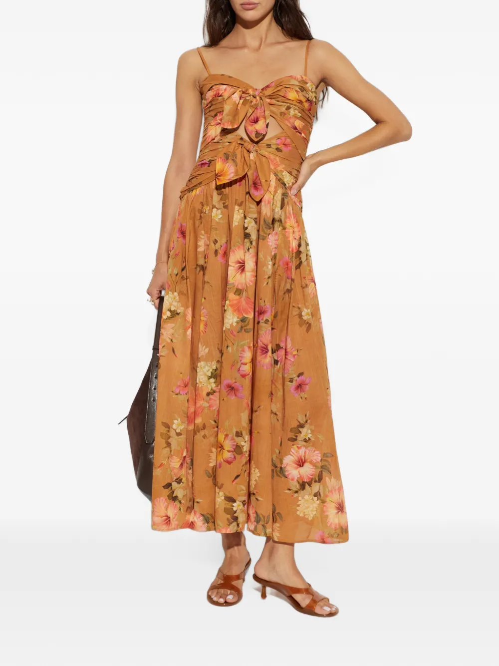 ZIMMERMANN Midi-jurk met bloemenprint en gestrikt detail Beige