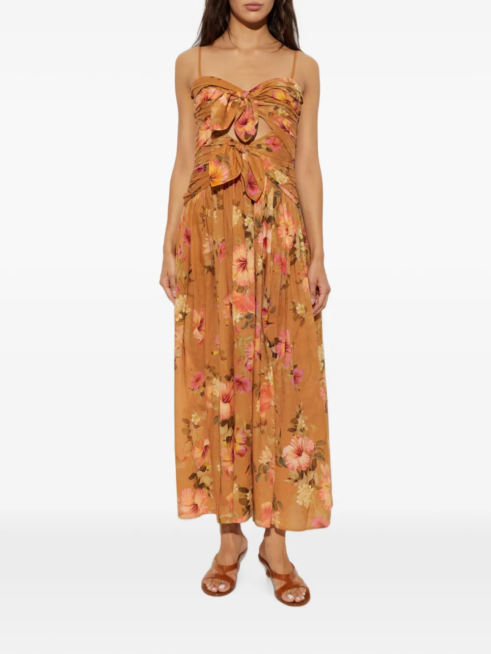 ZIMMERMANN Midi-jurk met bloemenprint en gestrikt detail Beige