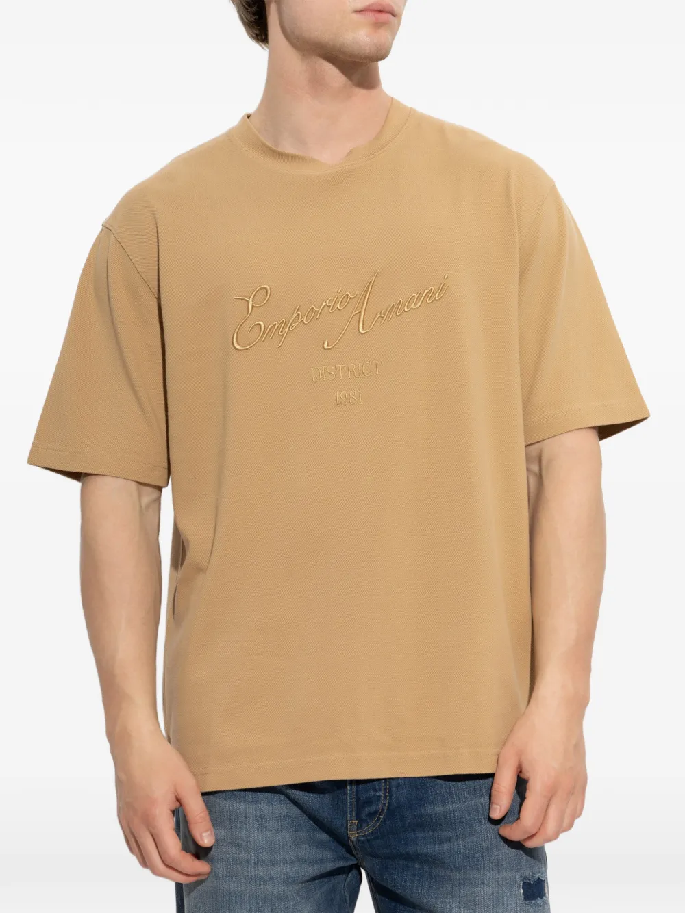 Emporio Armani piqué jersey T-shirt with embroidered raised logo Beige