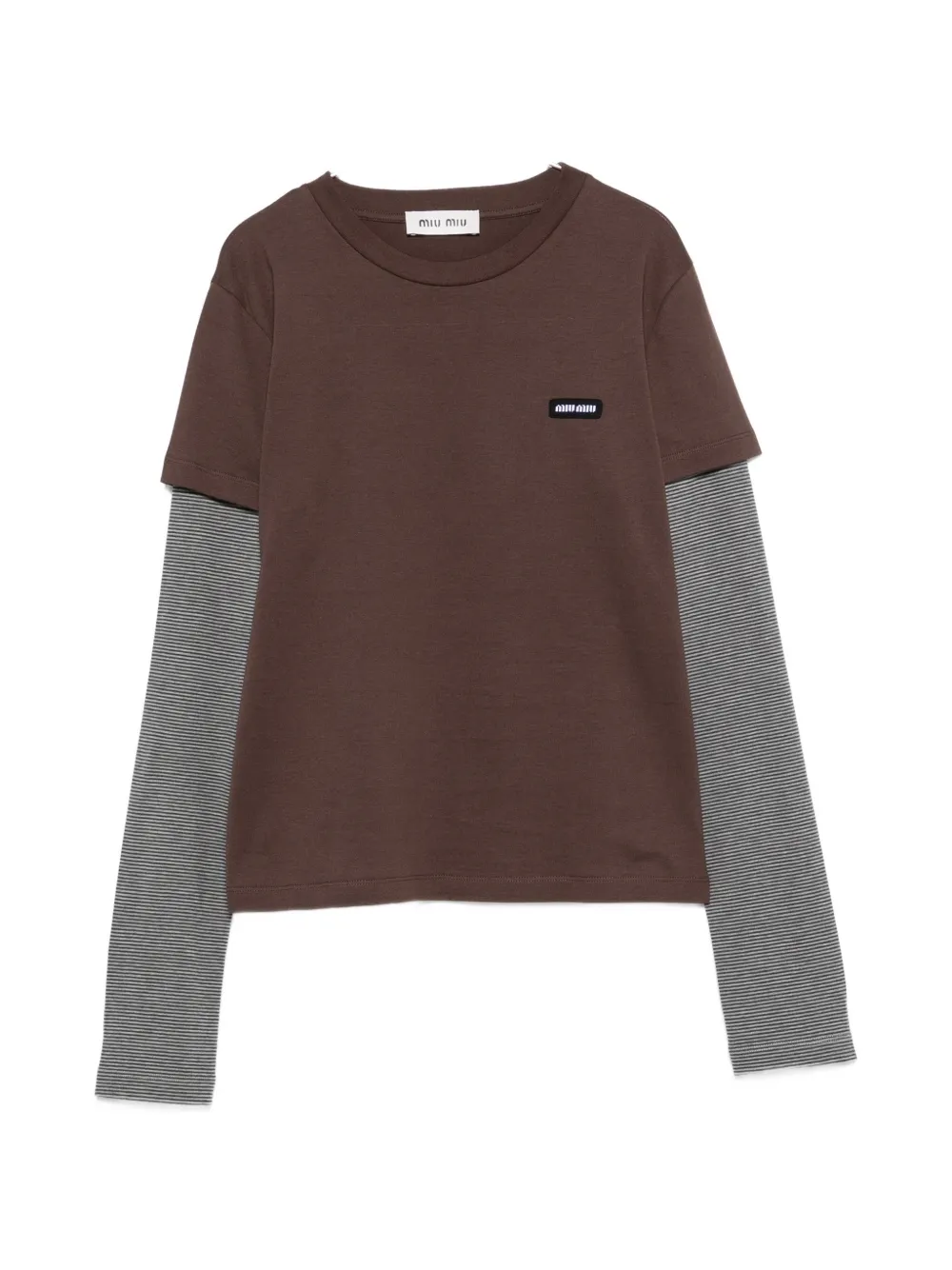 Miu Miu striped-sleeve logo-patch T-shirt - Marrone