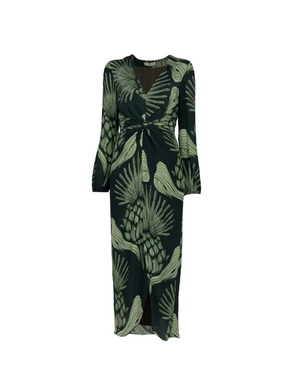 Andres Otalora Nia Serena Twist-detail Leaf-print Midi Dress in Green