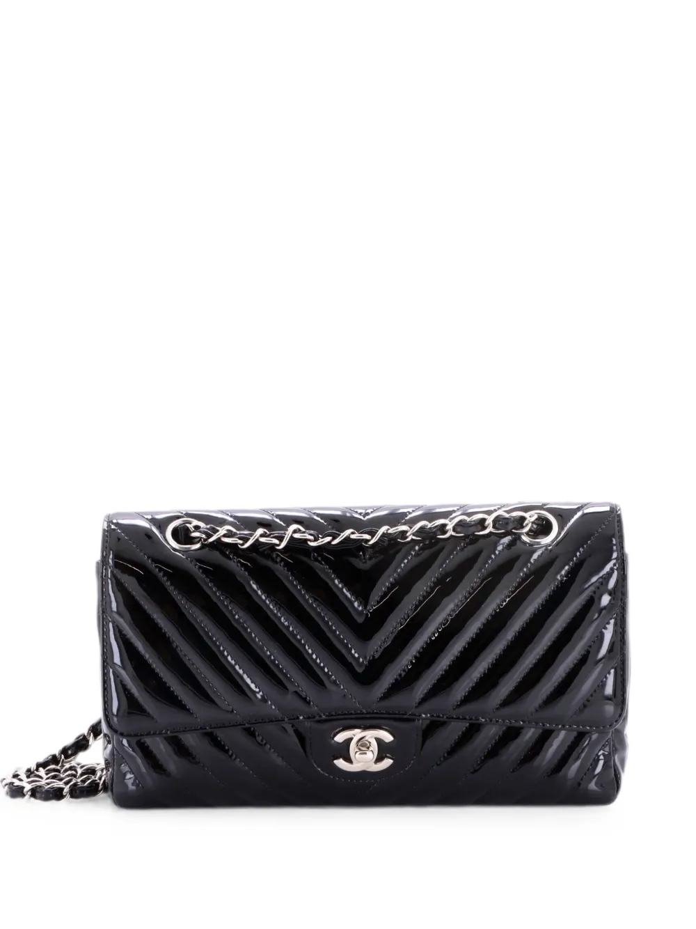 CHANEL Pre-Owned Classic Double Flap Bag Chevron Patent Medium shoulder bag - Black