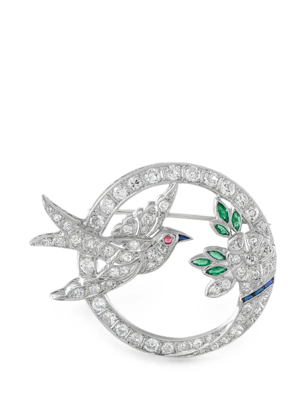 Pre-owned Lb Exclusive Diamond And Emerald Bird Brooch In Silver
