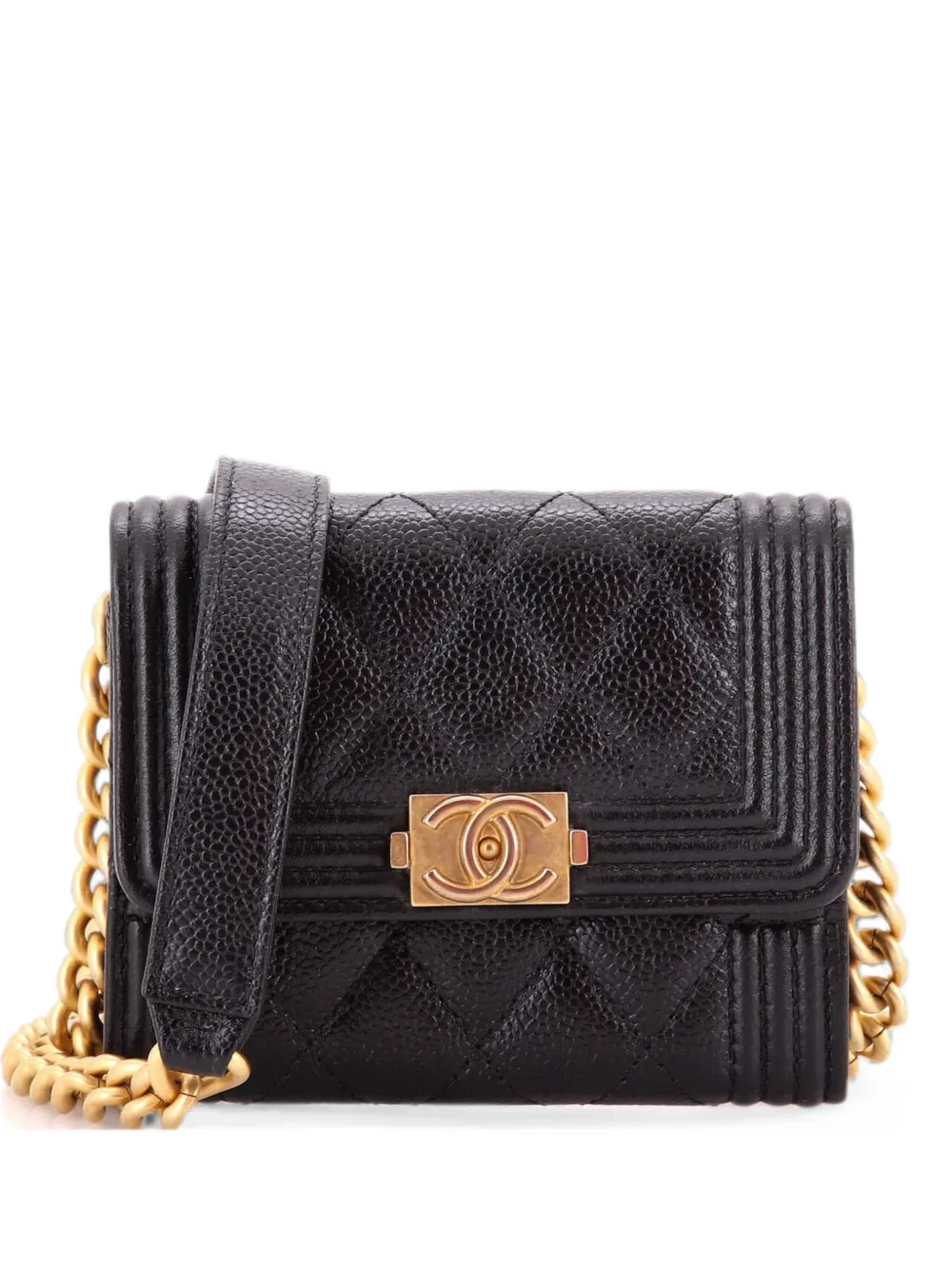 CHANEL Pre-Owned Boy Flap Card Holder on Chain Quilted Caviar clutch bag - Black