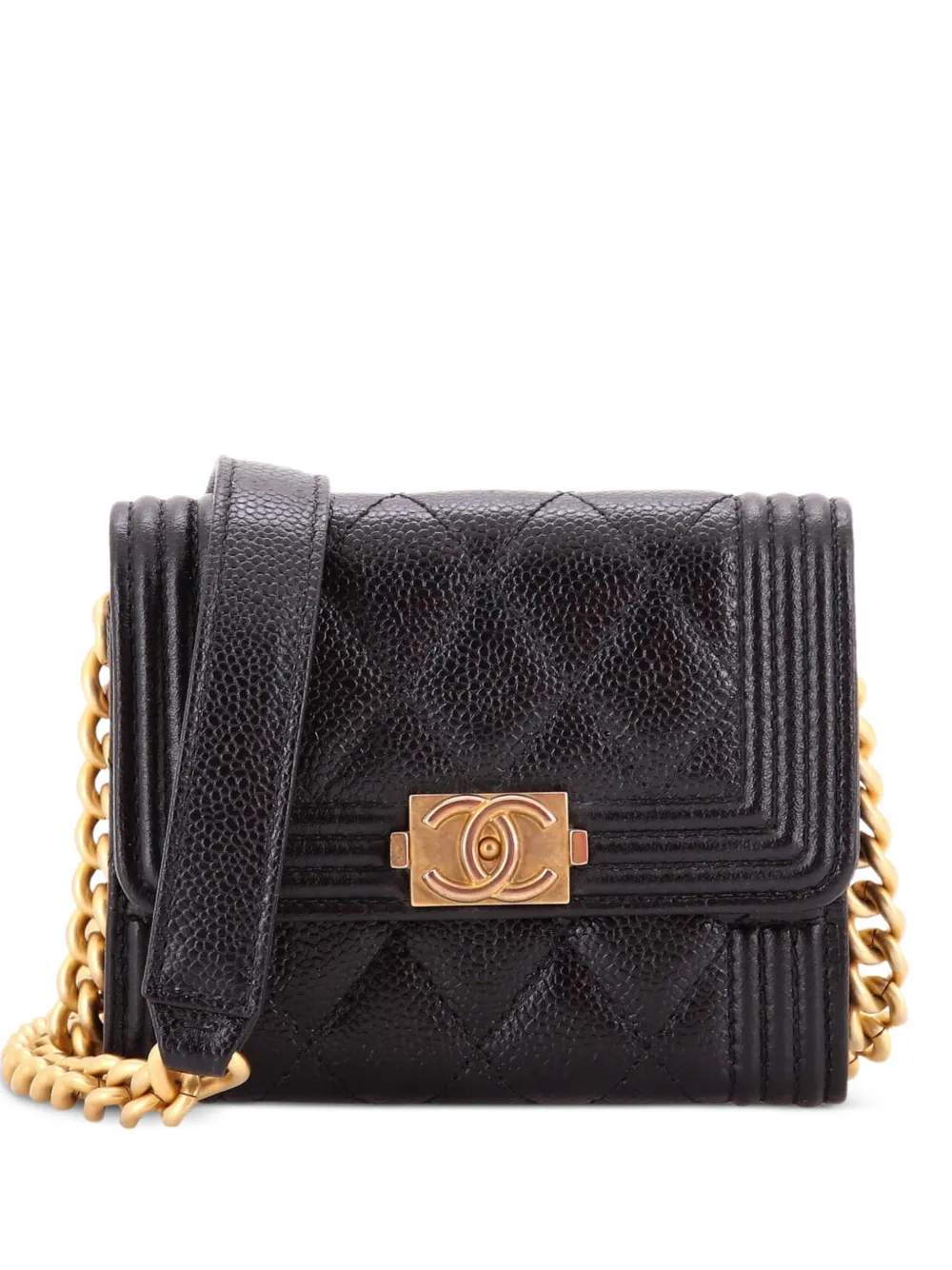 CHANEL Pre-Owned Boy Flap Card Holder on Chain Quilted Caviar clutch bag - Black