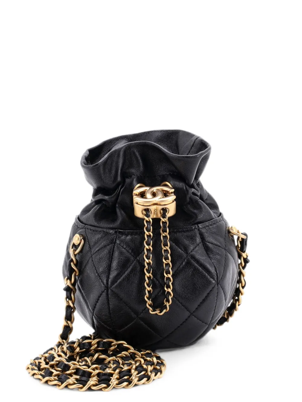 CHANEL Pre-Owned Drawstring CC Round Bucket Clutch with Chain Quilted Lambskin Mini crossbody bag - Black