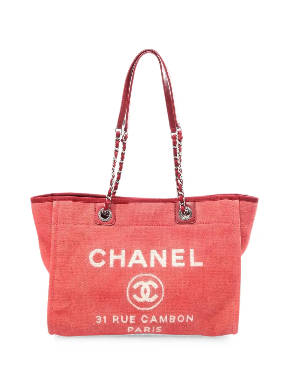 Pre-owned Chanel 2012 Deauville Chain Tote Bag In Red