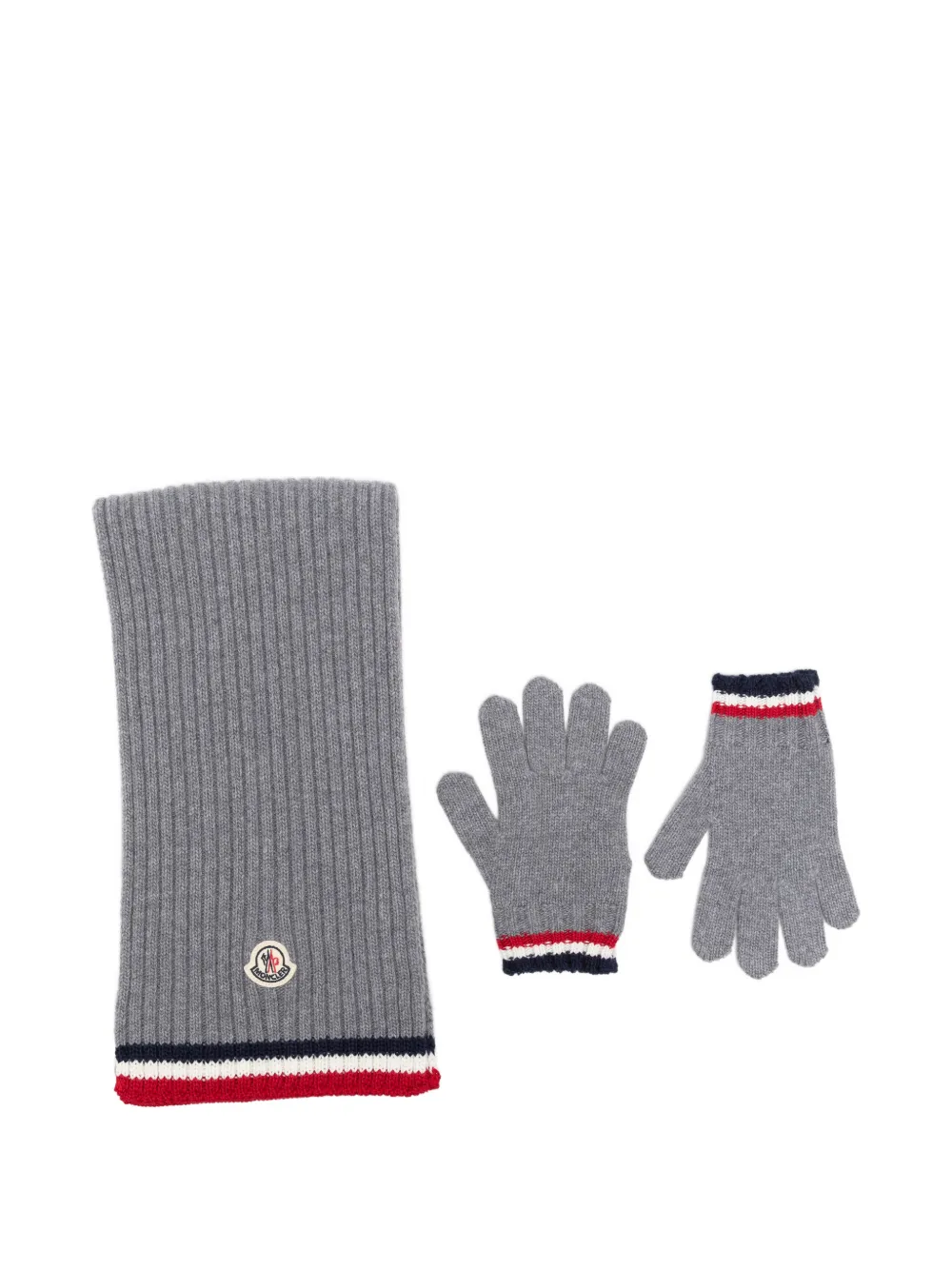 Moncler Enfant Ribgebreide sjaal en handschoenen met logopatch Grijs