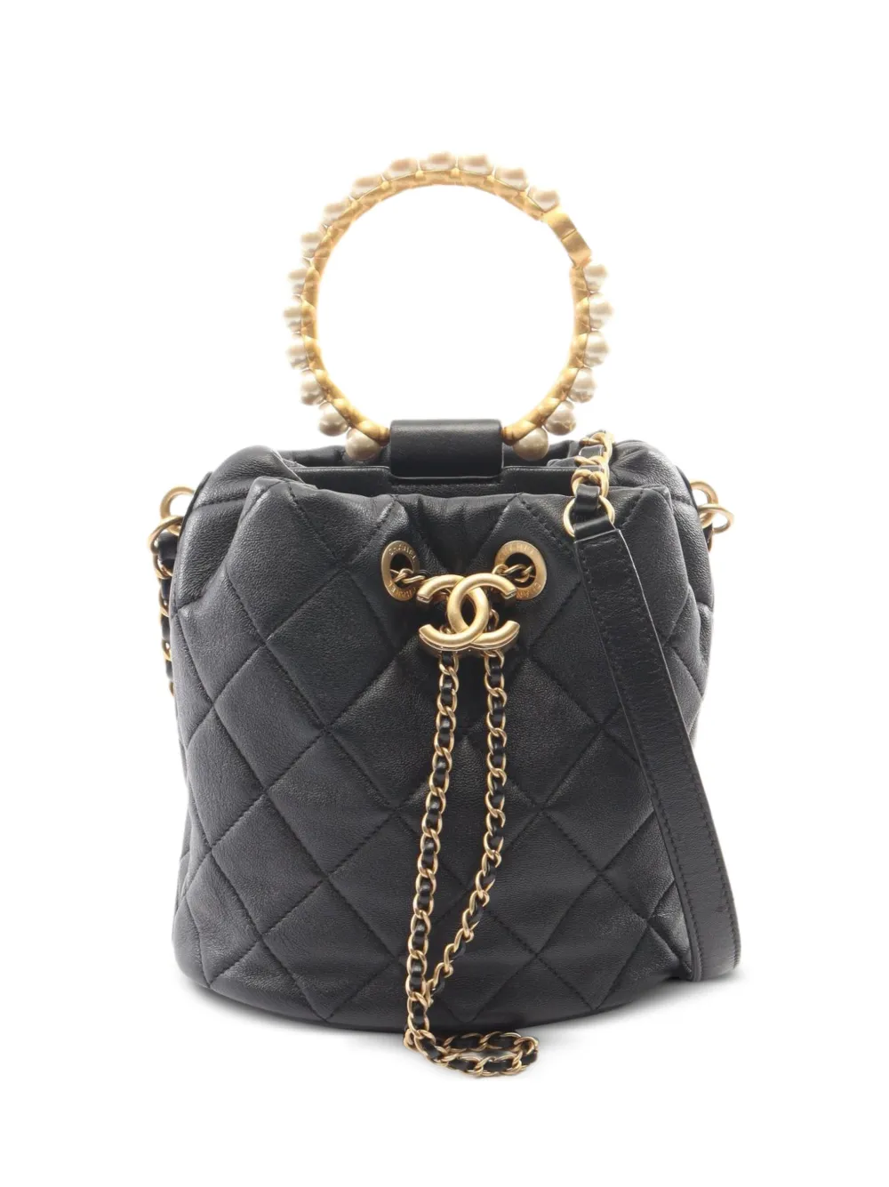 CHANEL Pre-Owned 2021 Matelassé pearl-handle bucket bag - Black