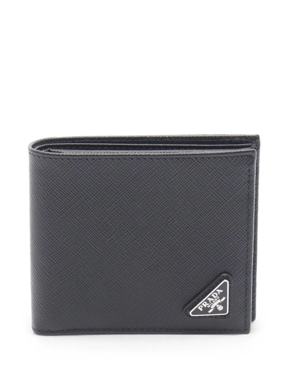 Pre-owned Prada 2020s Saffiano-leather Triangle Bi-fold Wallet In Black