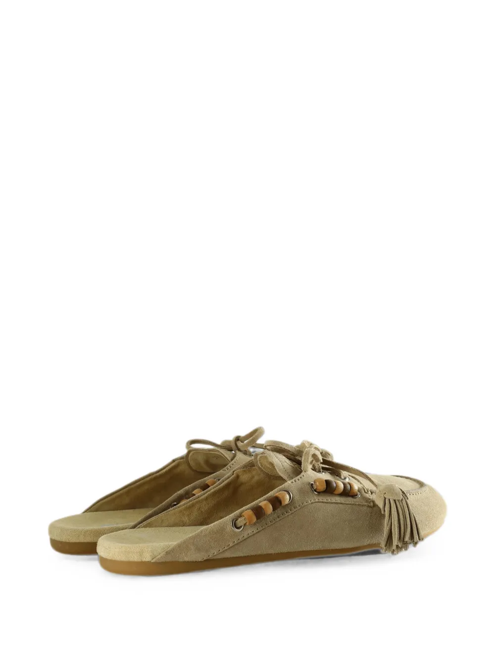 Miu Muiltjes verfraaid met kralen en kwastje Beige