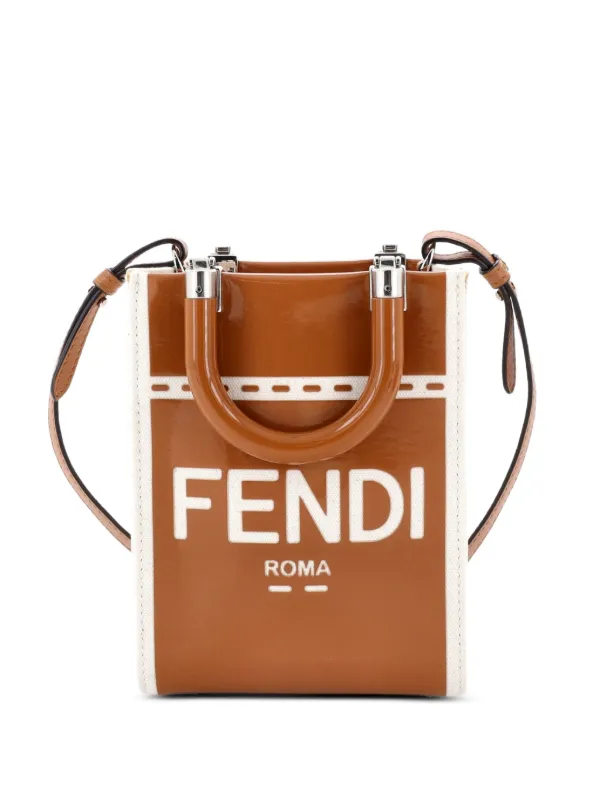 Fendi Pre-owned Sunshine Shopper Tote Patent and Canvas Mini Crossbody Bag in Brown