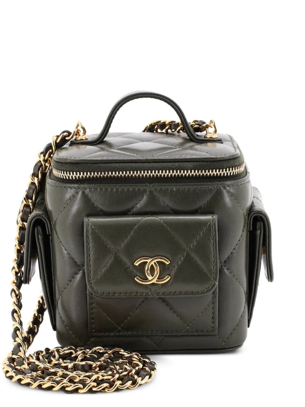 CHANEL Pre-Owned Borsa a spalla Polly Pocket Vanity Case mini in pelle di agnello trapuntata con manico - Verde