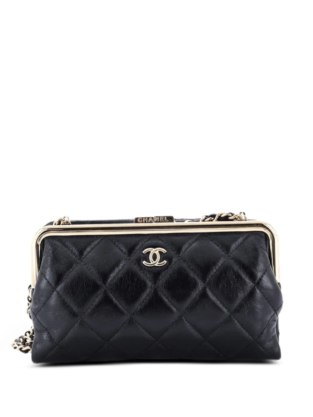 CHANEL Pre-Owned Clutch piccola in pelle di agnello trapuntata con logo, telaio e catena - Nero