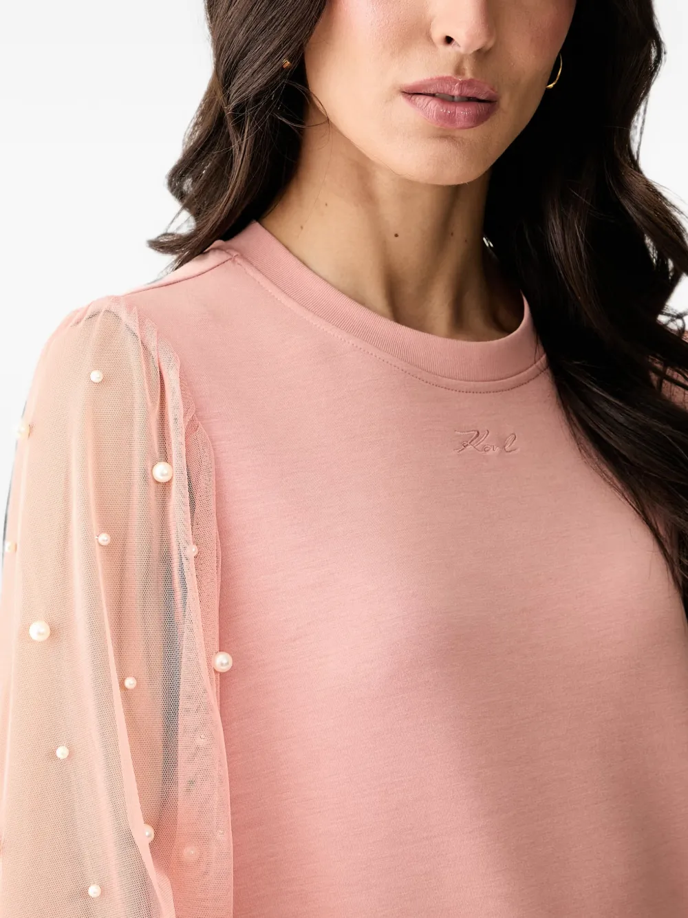 Karl Lagerfeld Sweater verfraaid met parels en tulen mouwen Roze