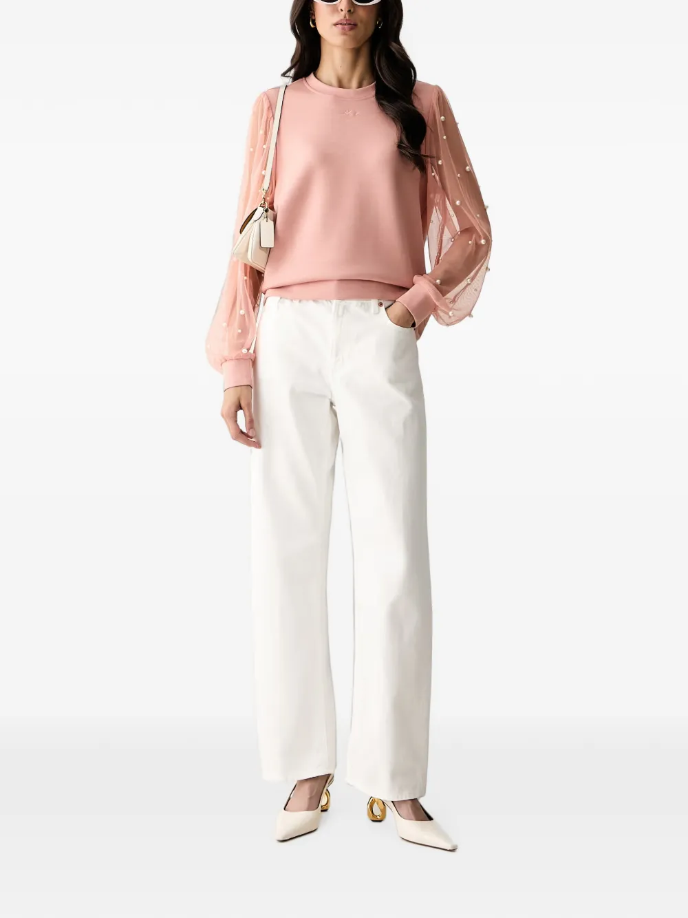 Karl Lagerfeld Sweater verfraaid met parels en tulen mouwen Roze