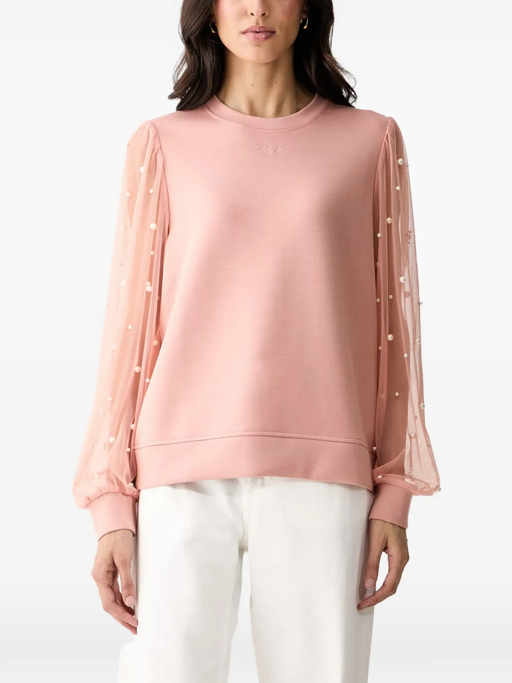 Karl Lagerfeld pearl-embellished tulle-sleeve sweatshirt - Rosa