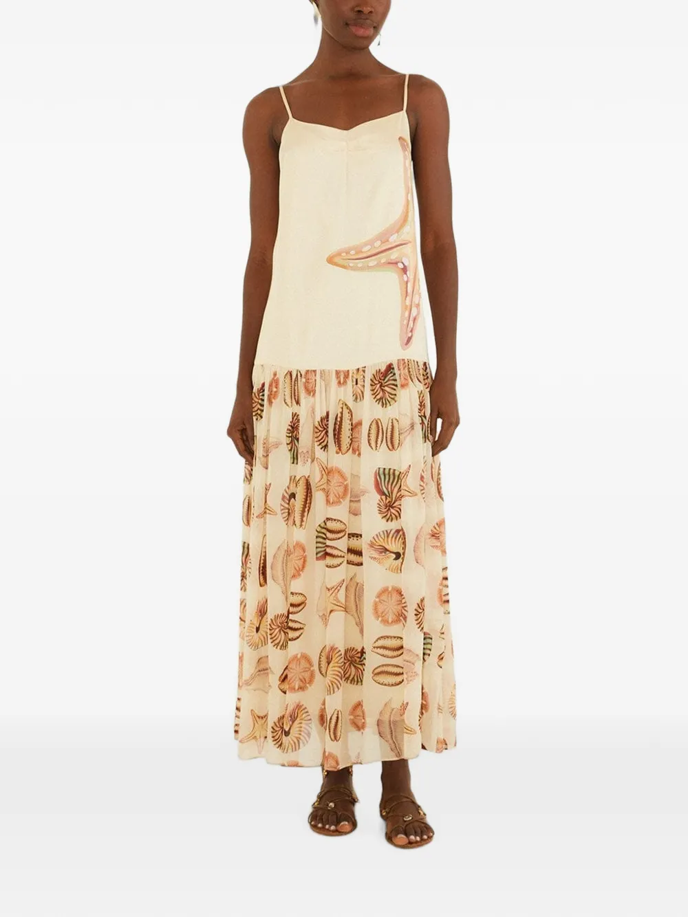 FARM Rio Sand Marine Shells geplooide mouwloze maxi-jurk Beige
