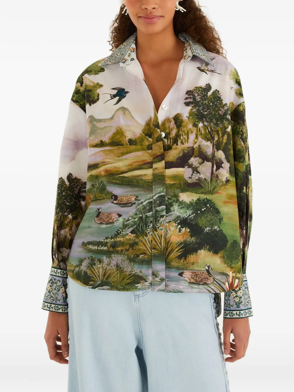 Farm Rio Multicolor Countryside Landscape Buttoned Shirt In Green