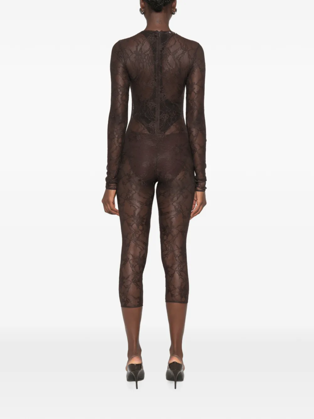 THE ANDAMANE Sheila jumpsuit met kanten patroon en lange mouwen Bruin