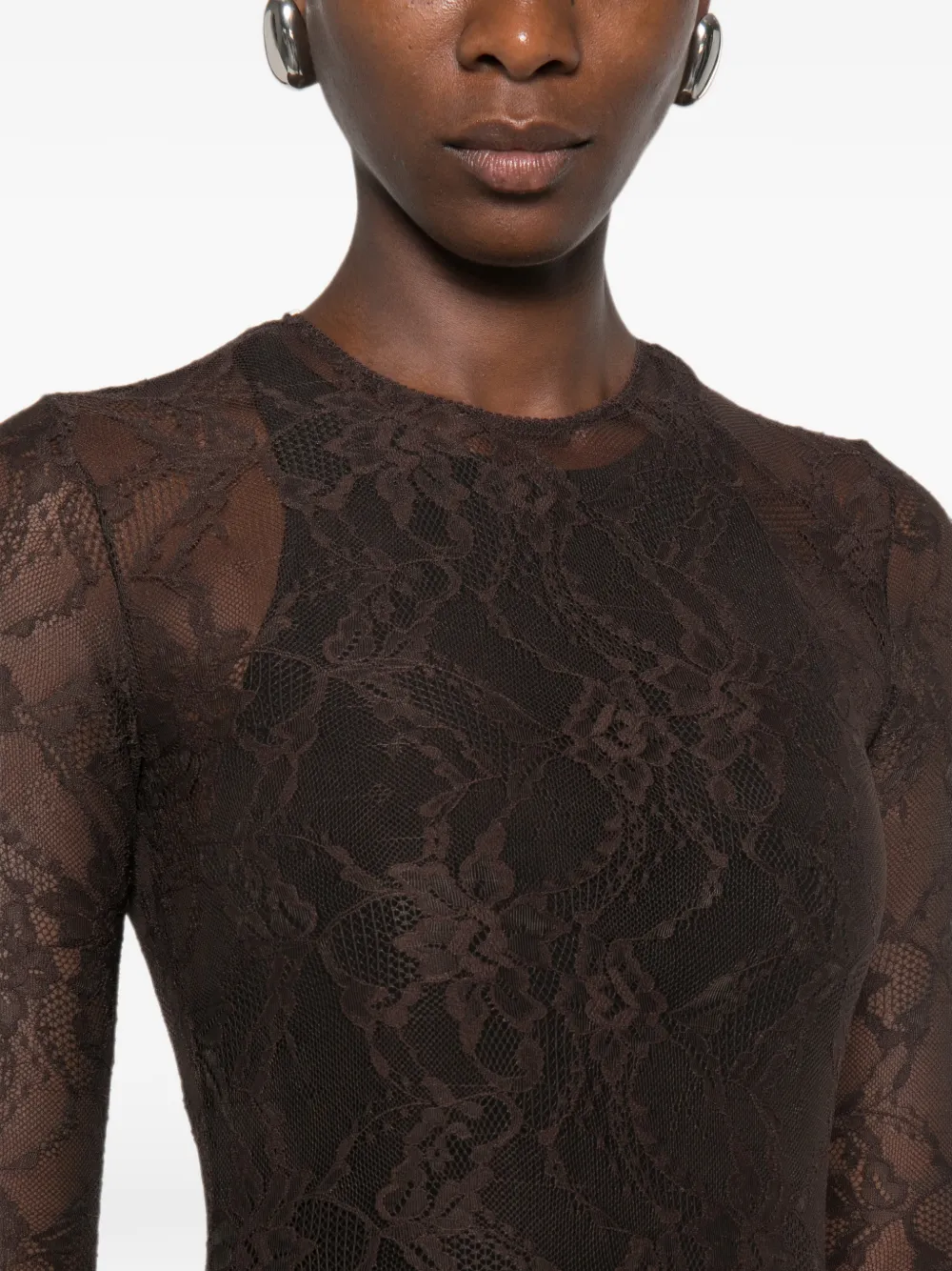 THE ANDAMANE Sheila jumpsuit met kanten patroon en lange mouwen Bruin
