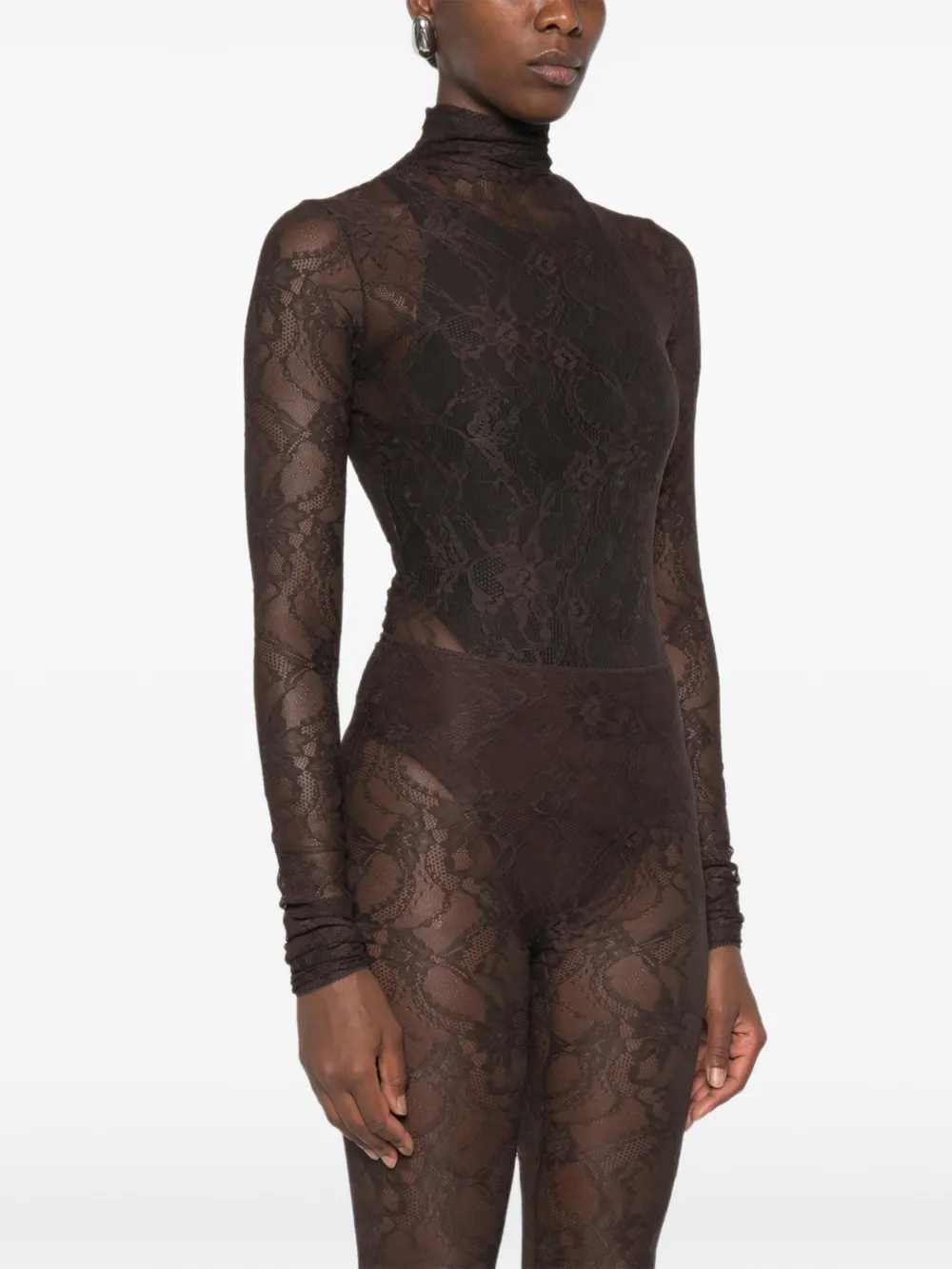 THE ANDAMANE Ziggy body met hoge hals en kanten patroon Bruin