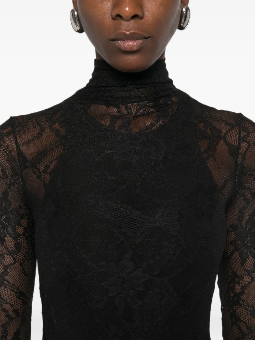 THE ANDAMANE Ziggy body met kanten patroon en hoge hals Zwart
