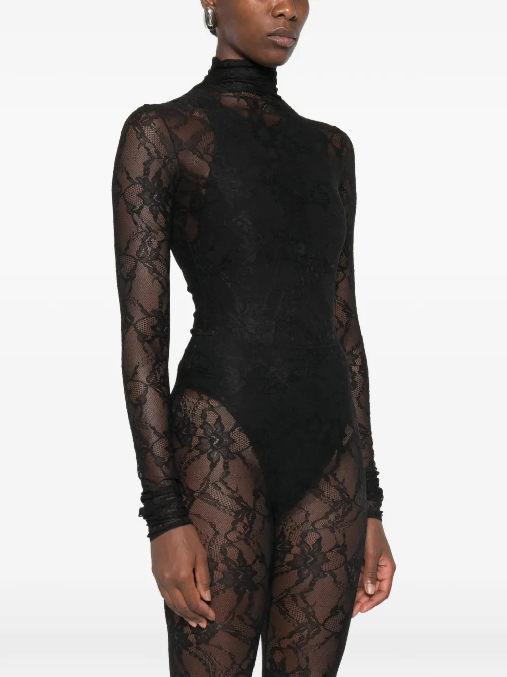 THE ANDAMANE Ziggy body met kanten patroon en hoge hals Zwart