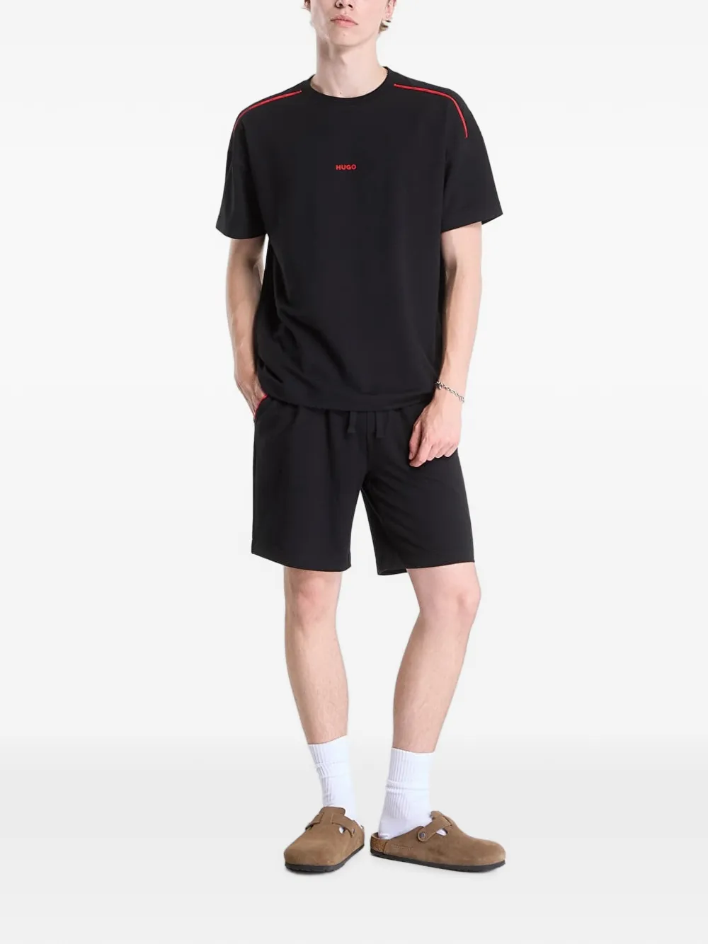 HUGO Noah logo-print tape-detail T-shirt Zwart
