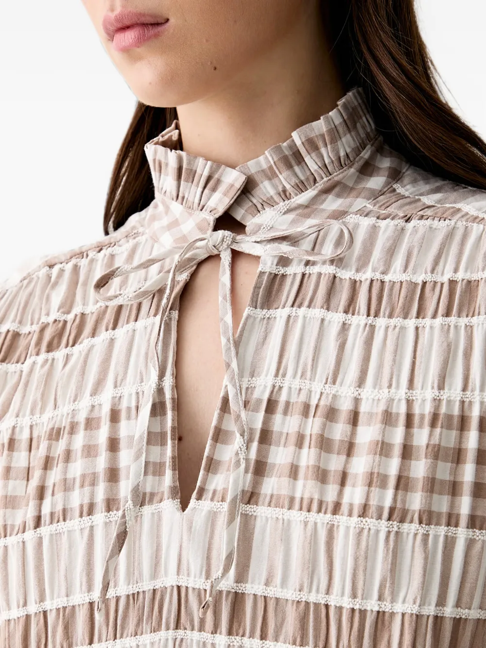 Barbour Hinton blouse met gingham-ruit en ruches Beige