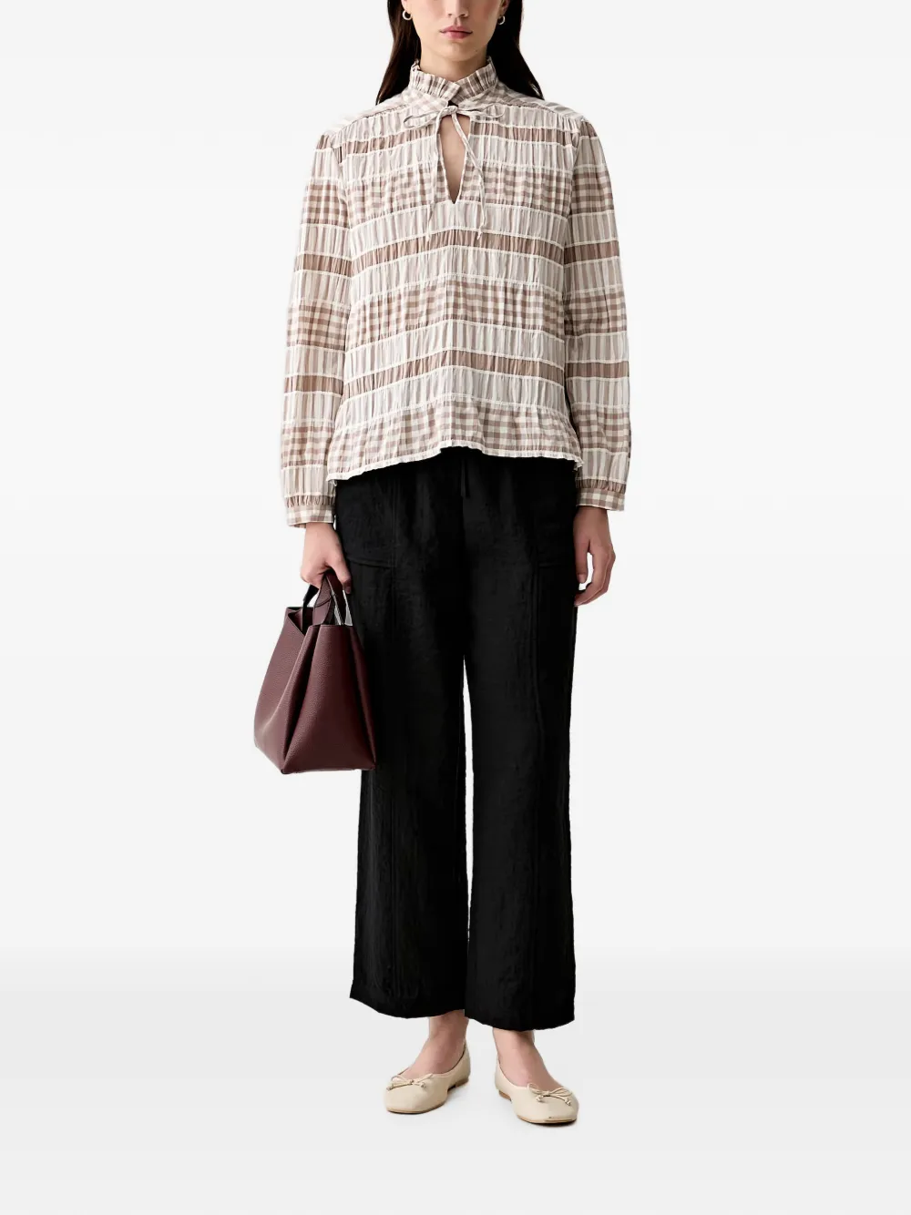 Barbour Hinton blouse met gingham-ruit en ruches Beige